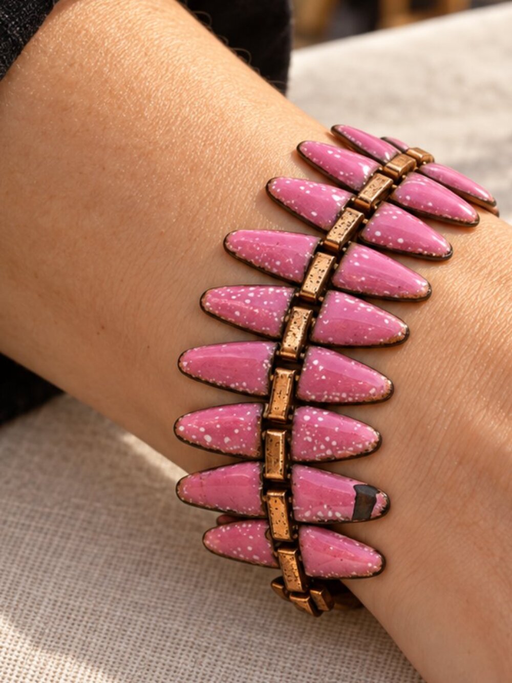 Vintage Matisse Renoir Pink Speckled Enamel Copper Link Bracelet 7” Signed